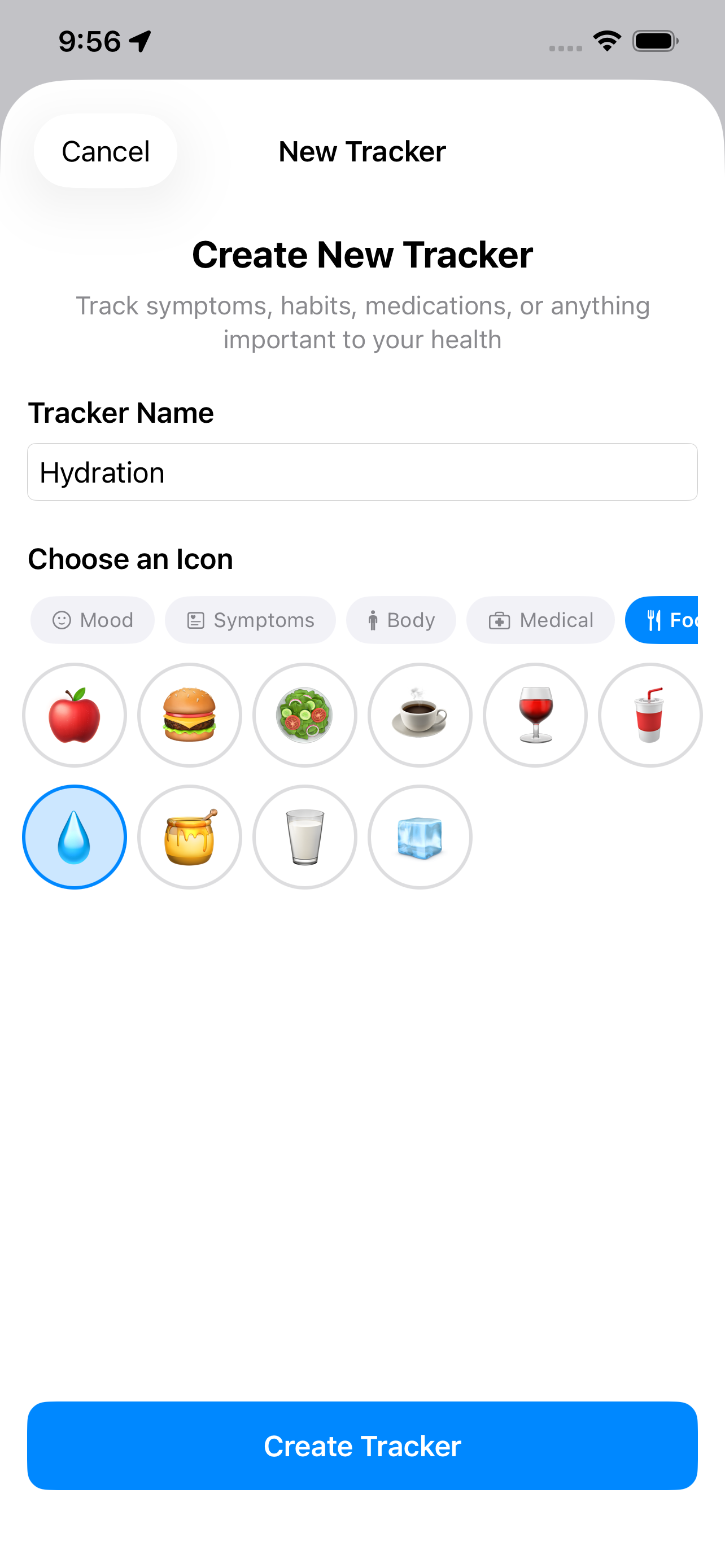 Create tracker screen with category picker and emoji options