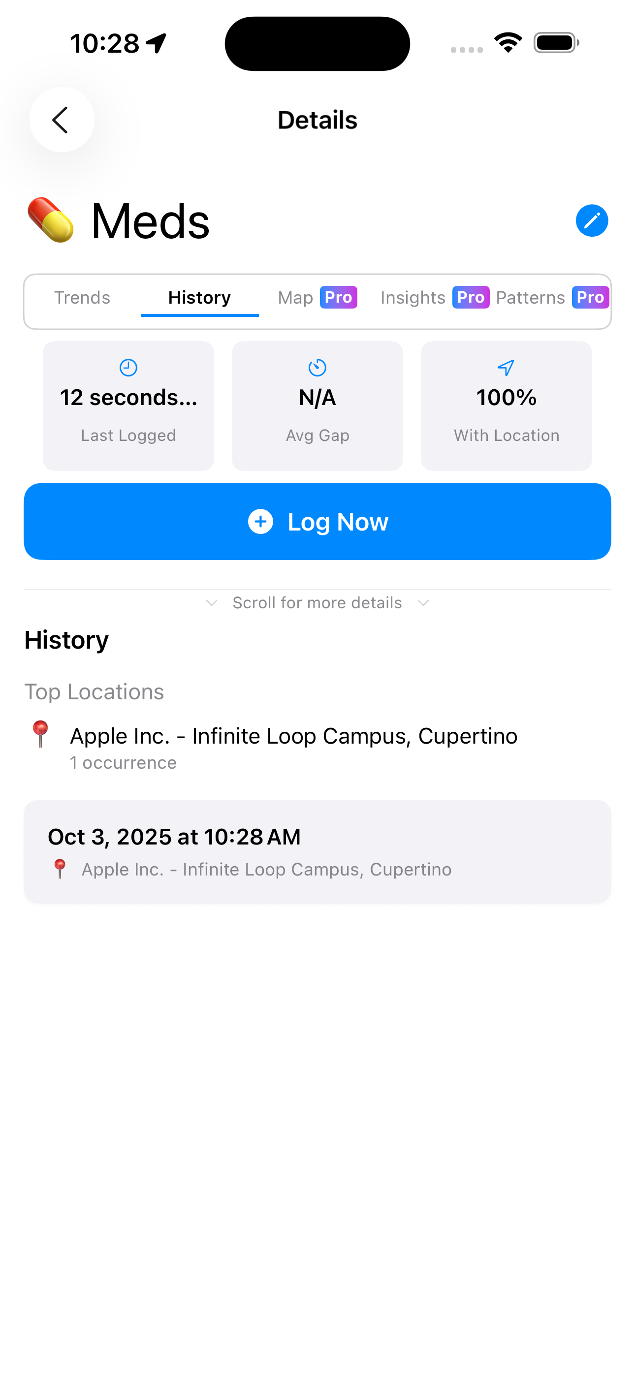 Timeline history of logged events