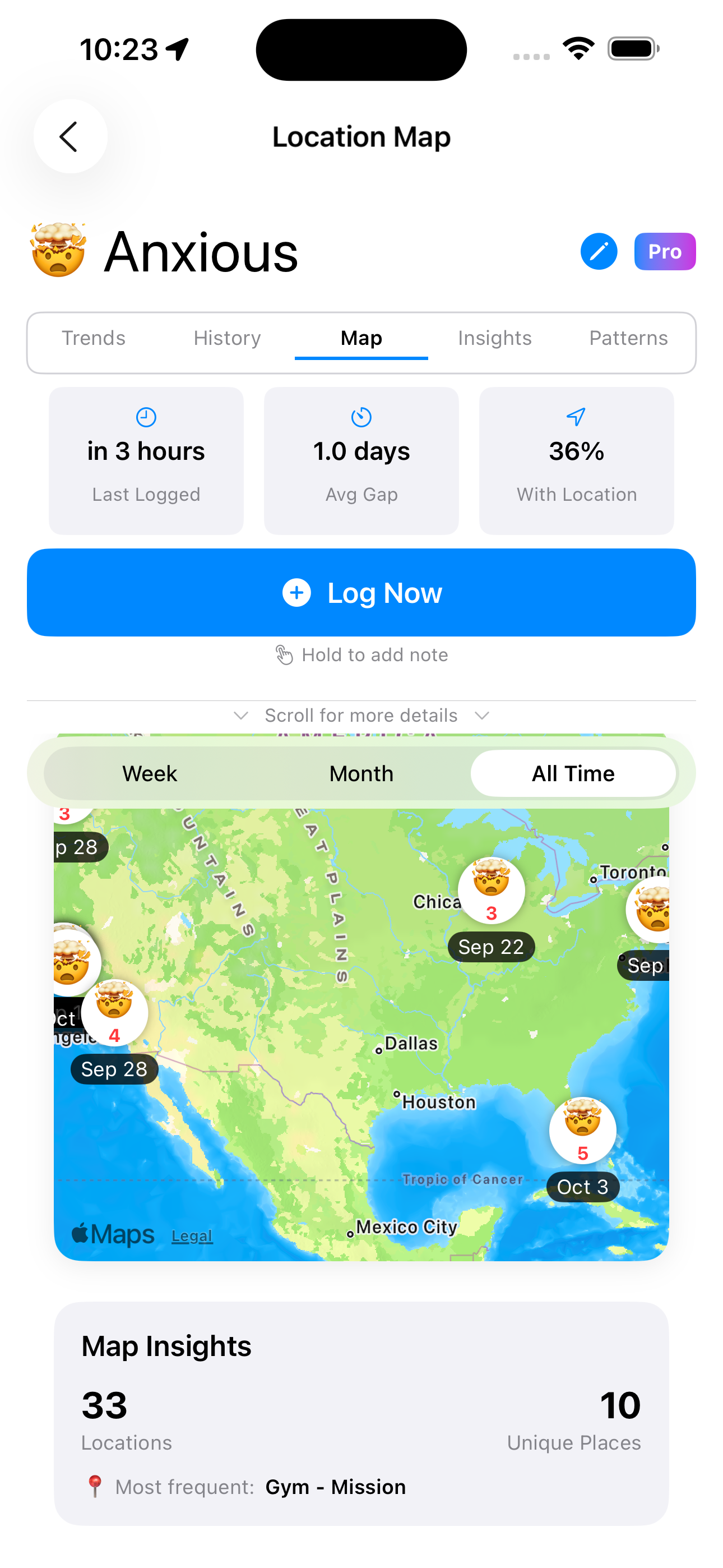 Map view highlighting activity hotspots