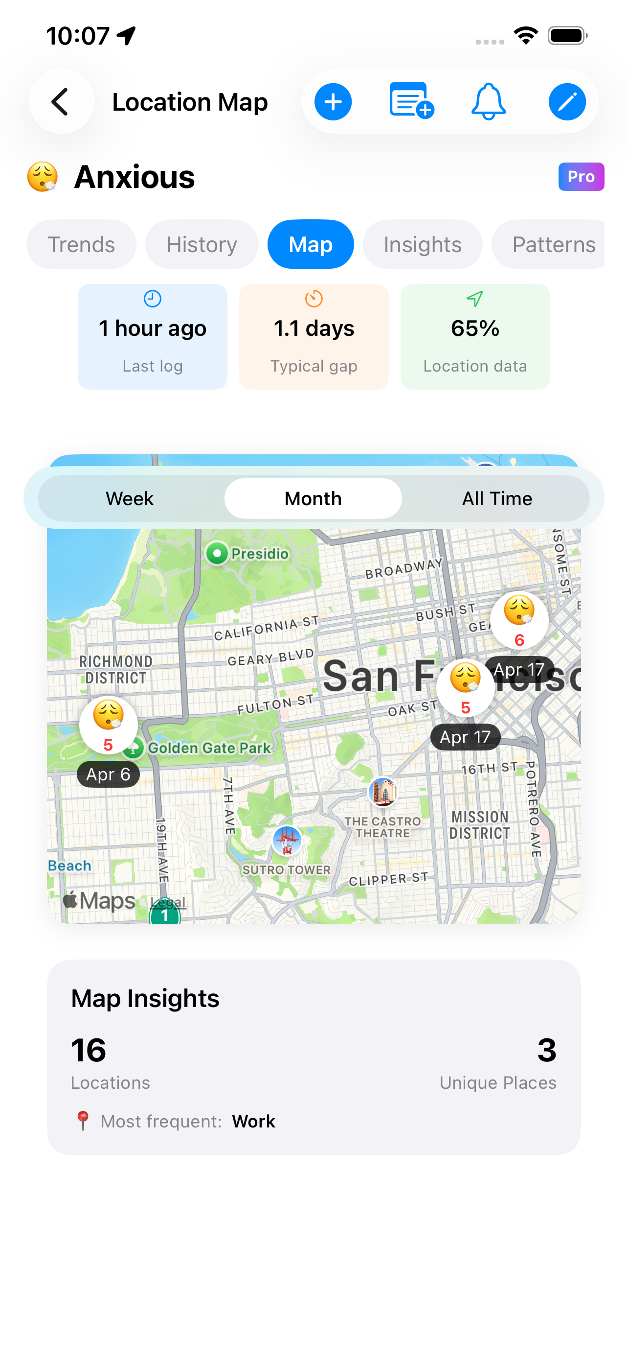 Map view plotting logs with emoji pins
